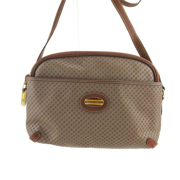 GUCCI Shoulder Bag Logo Plate Gray Gray PVC x Leather Authentic USED - Picture 1 of 11